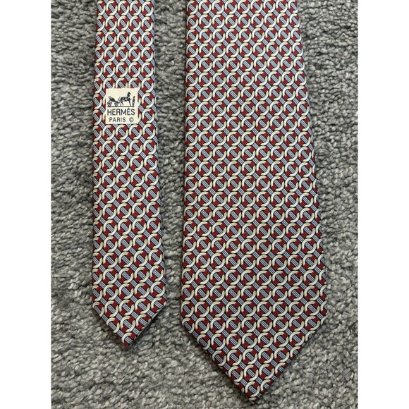 Hermes Silk Tie Red Blue Geometric Pattern 7760 - Picture 1 of 7